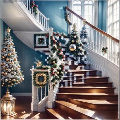 Christmas Staircase Digital Painting QR Code for Greeting Cards