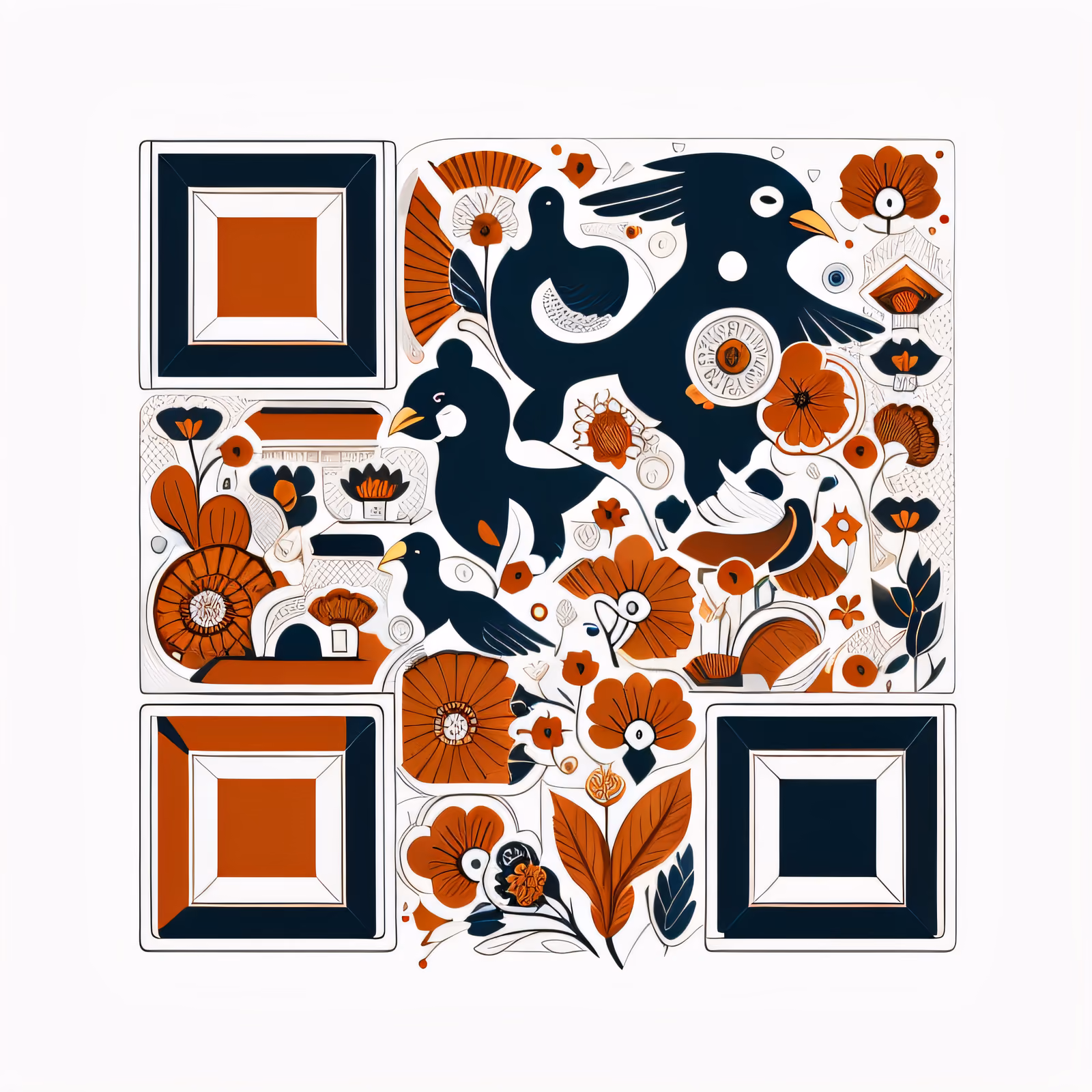 Чёрные дрозды и цветы: векторный QR-код для упаковки — изображение 1