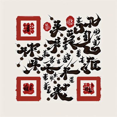 Красная печать и каллиграфия кистью: QR-код для постера