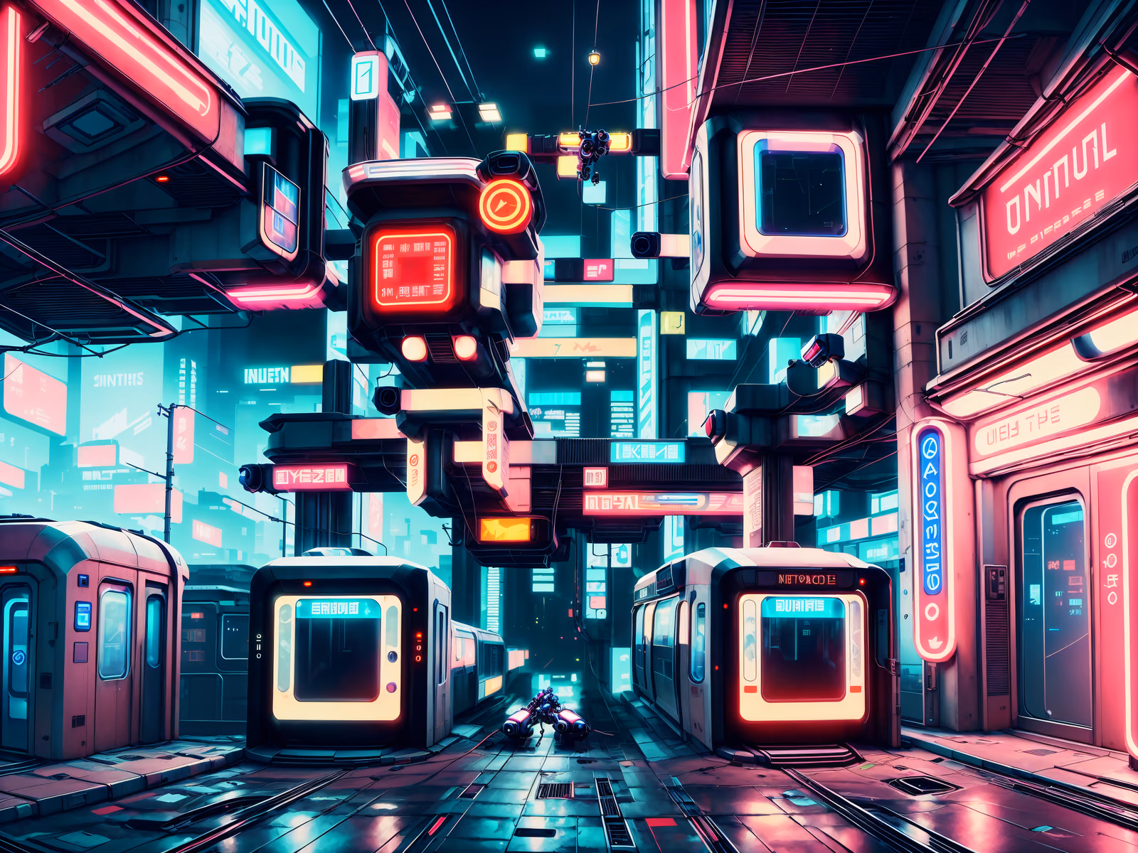 霓虹单轨车站赛博朋克二维码艺术 — 图片 1