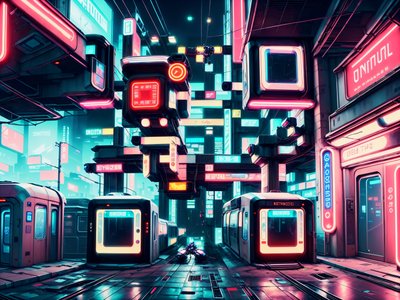 Neon Monorail Station Cyberpunk QR Code Art