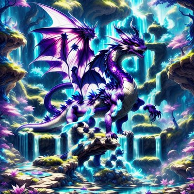 Фиолетовый дракон у водопада: игровой QR-код для постеров