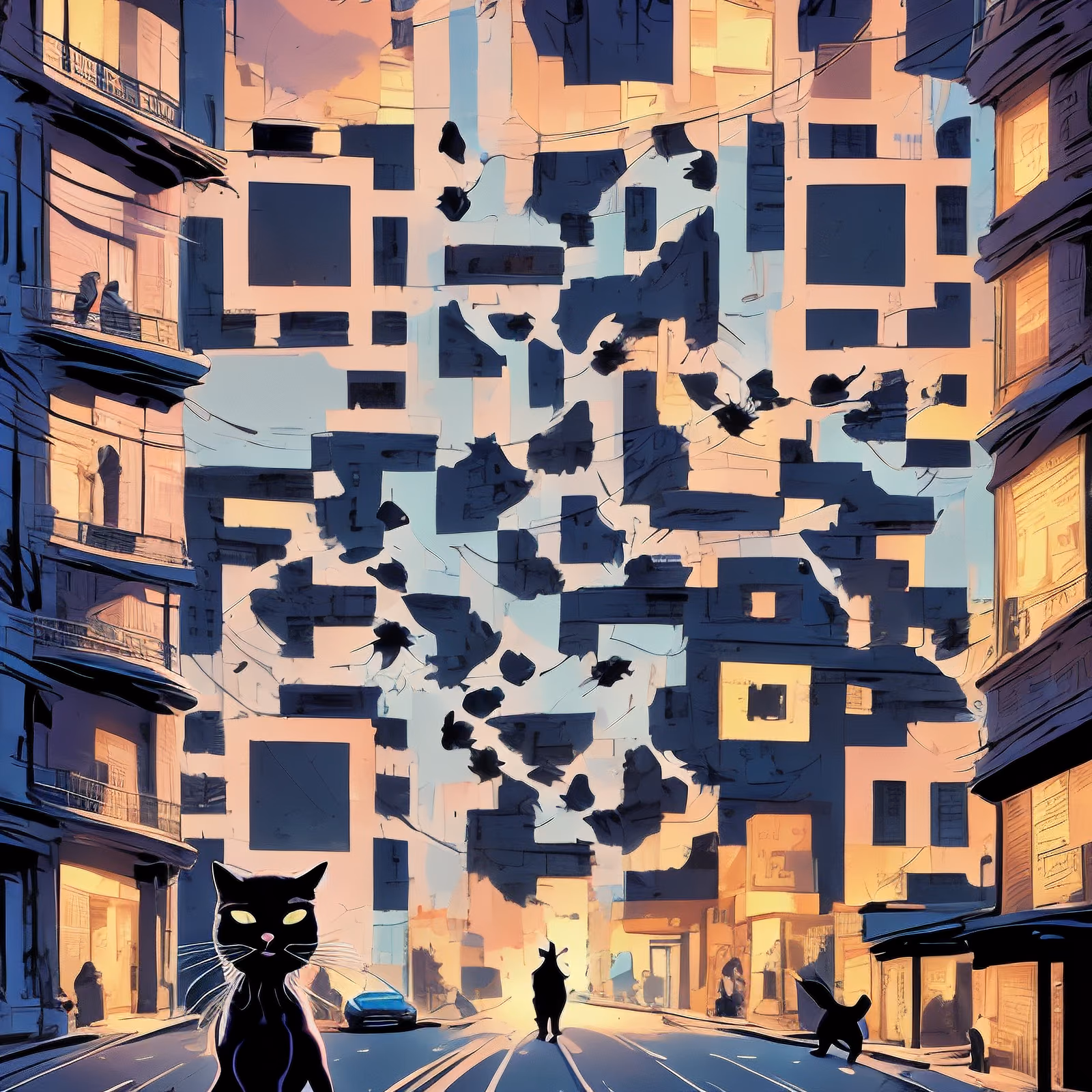 黑猫城市街道漫画二维码艺术海报设计 — 图片 1
