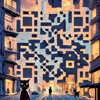 黑猫城市街道漫画二维码艺术海报设计 — 图片 1