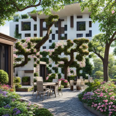 Flowering Courtyard Garden Photorealistic QR Code Art