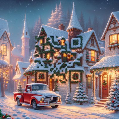 Christmas Village Red Truck Painting QR Code for Greeting Cards