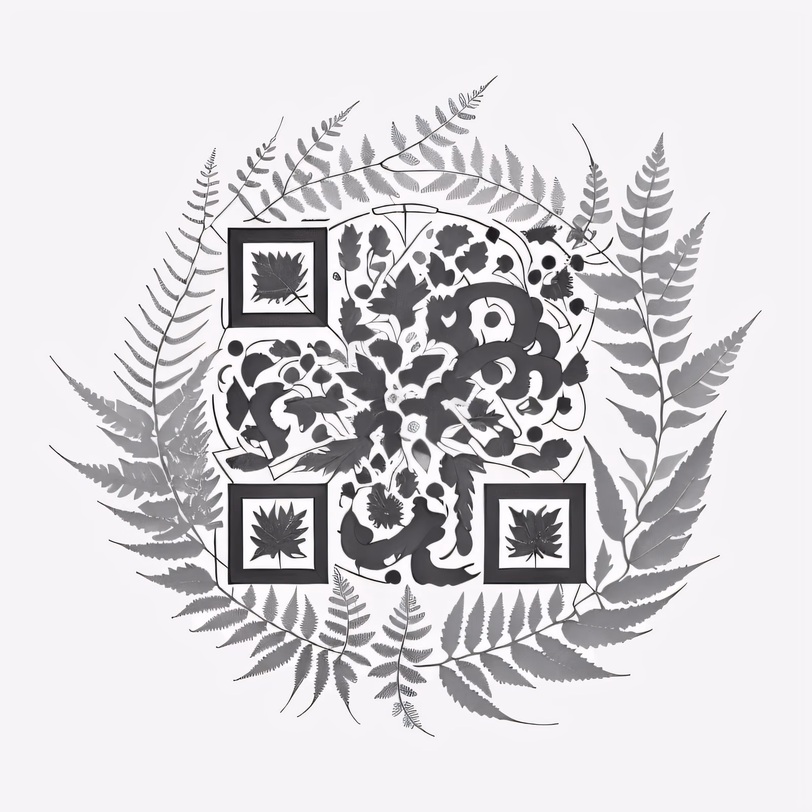 蕨叶花环二维码设计,适用于临时纹身的墨线纹身风格 — 图片 1