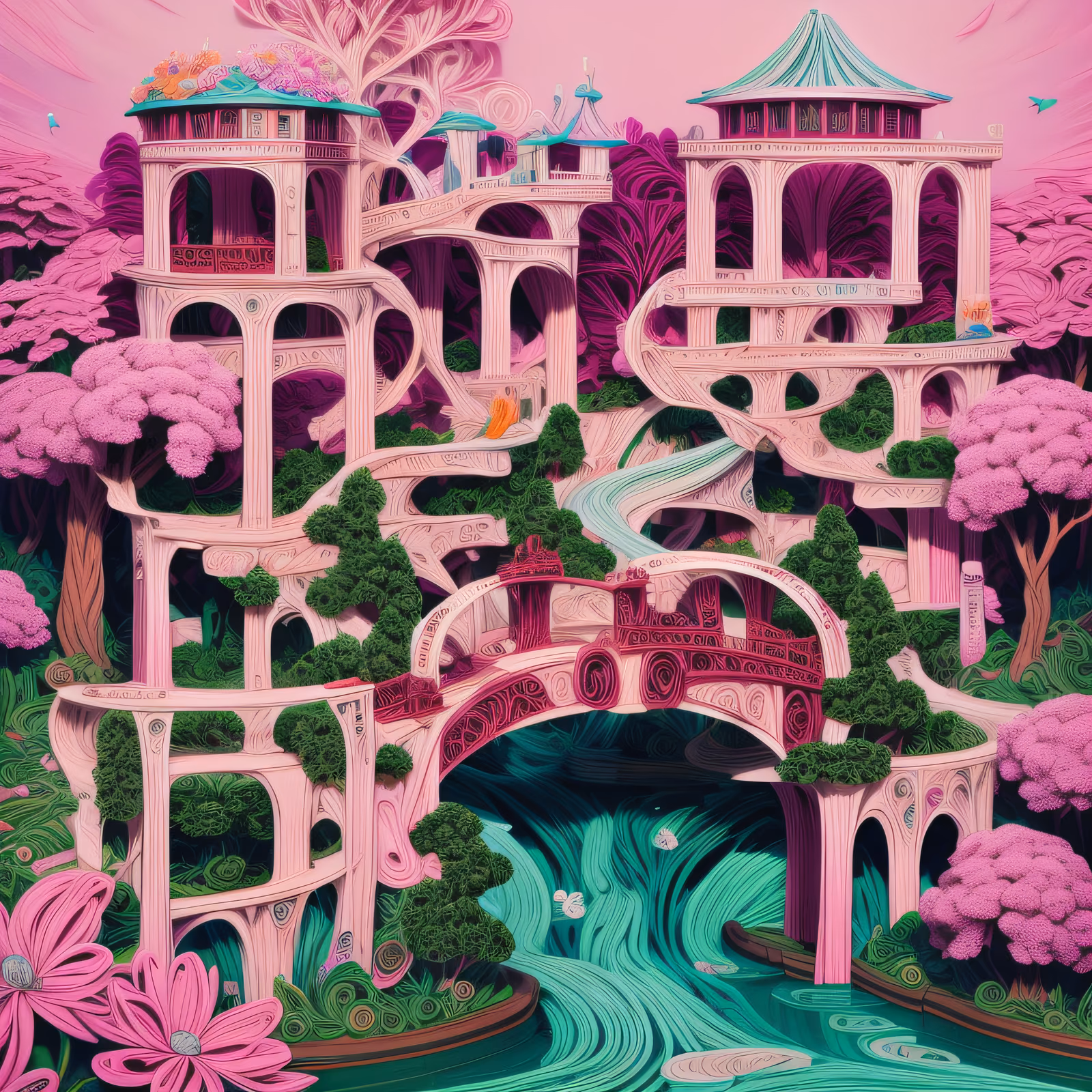 Pink Arched Bridge Paper Quilling QR Code Art — image 1