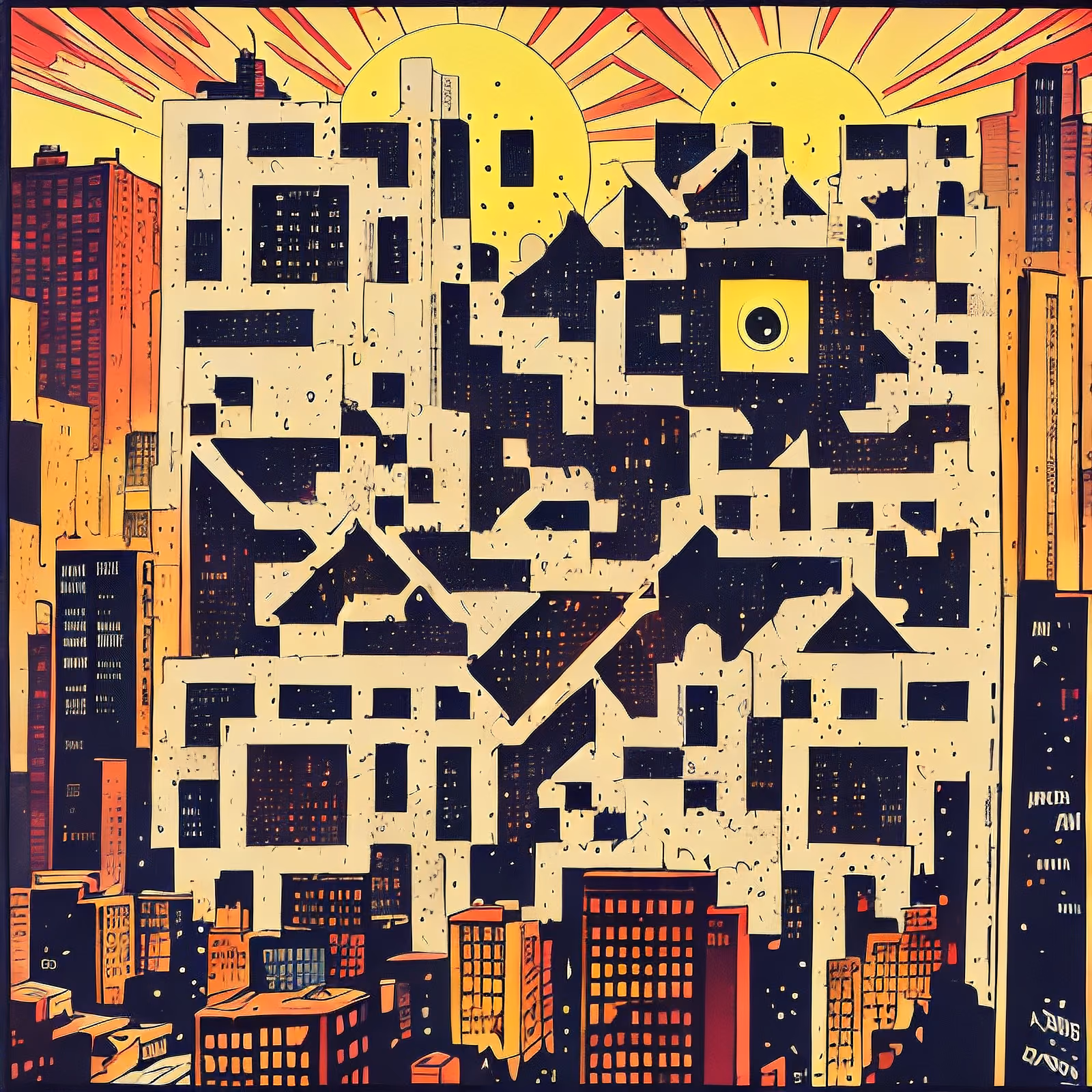 Comic Style Sunset City Skyline QR Code for Posters — image 1