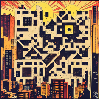 Comic Style Sunset City Skyline QR Code for Posters — image 1