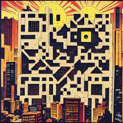 Comic Style Sunset City Skyline QR Code for Posters