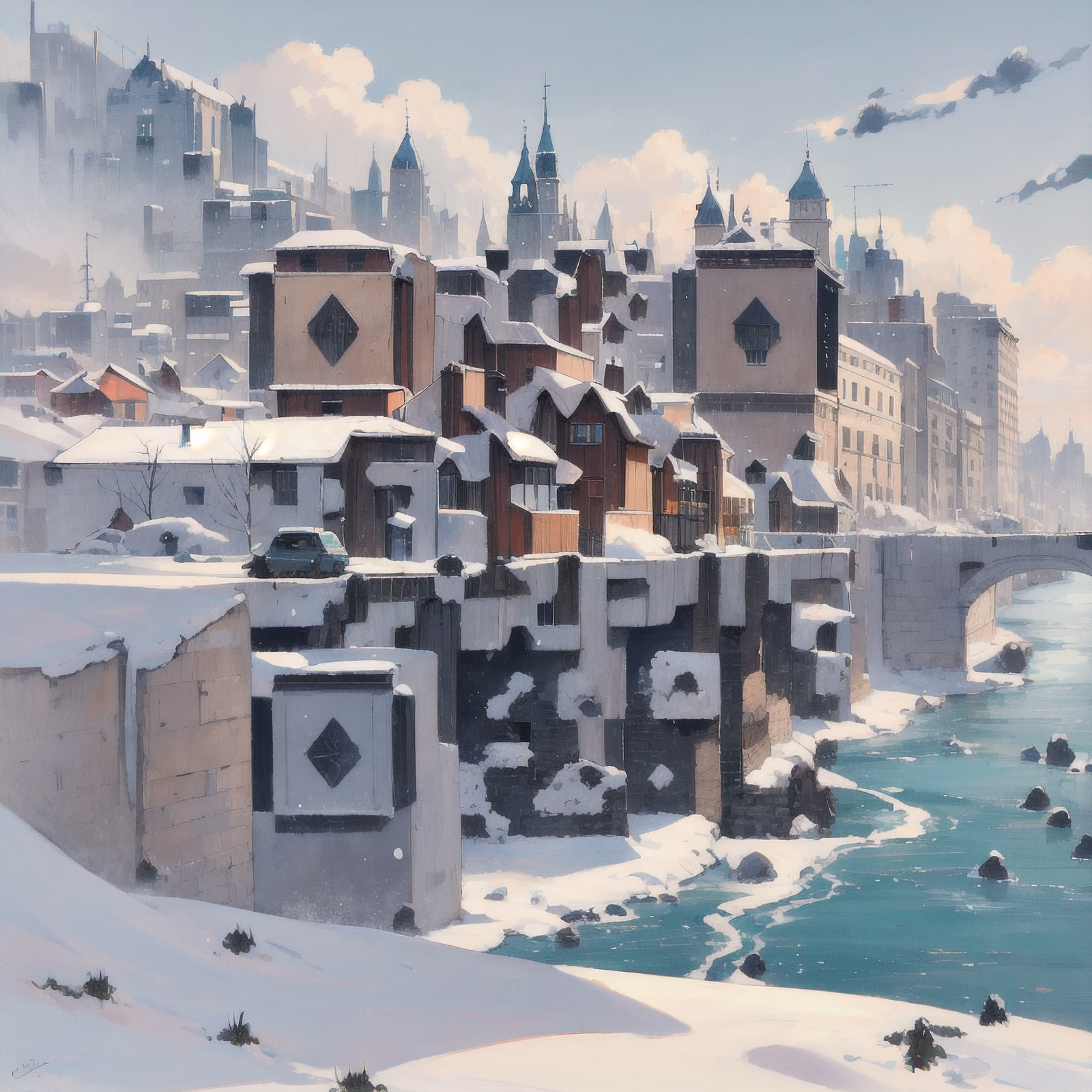 Snowy Hillside City Matte Painting QR Code Art — image 1