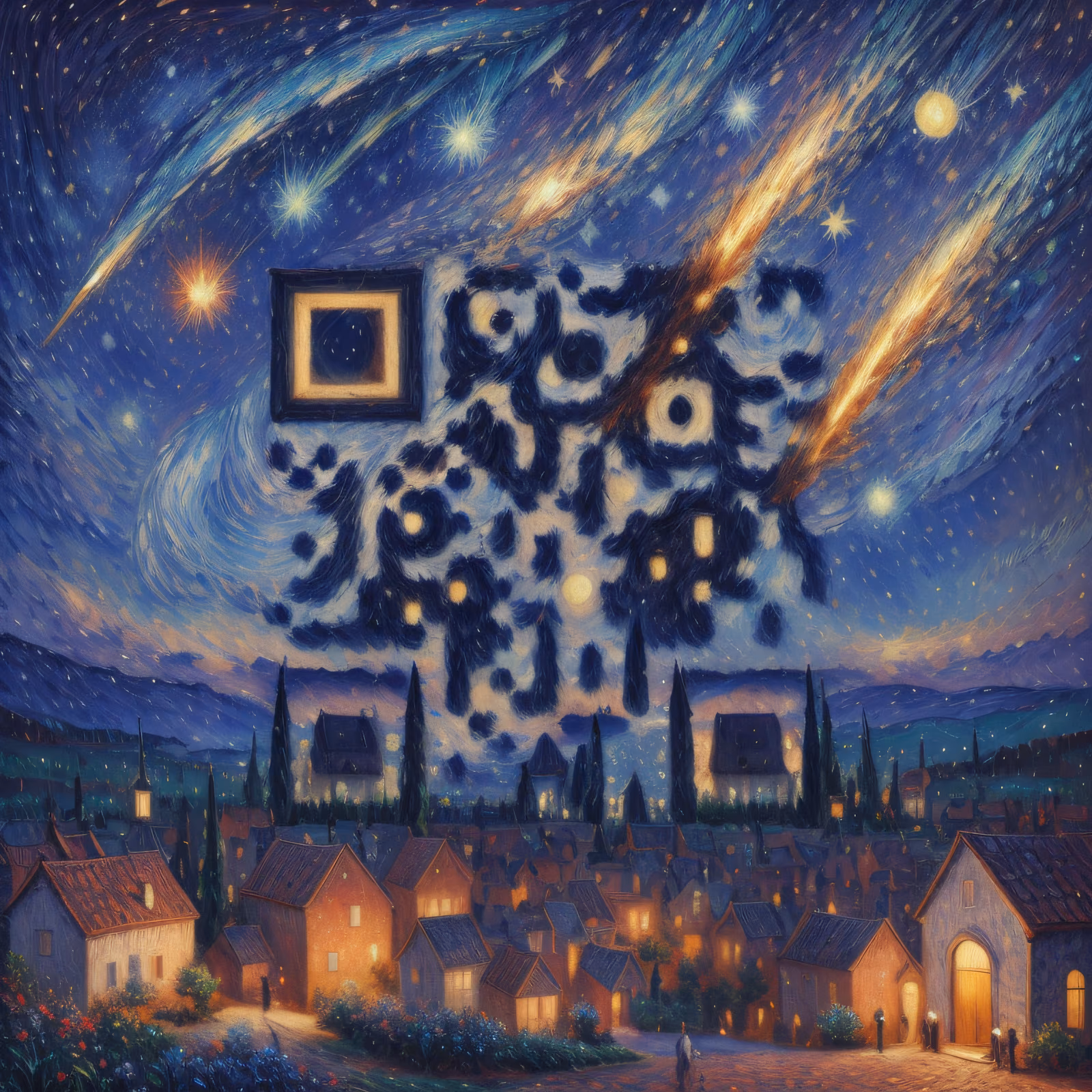 Starry Night Village Oil Painting QR Code Art — image 1