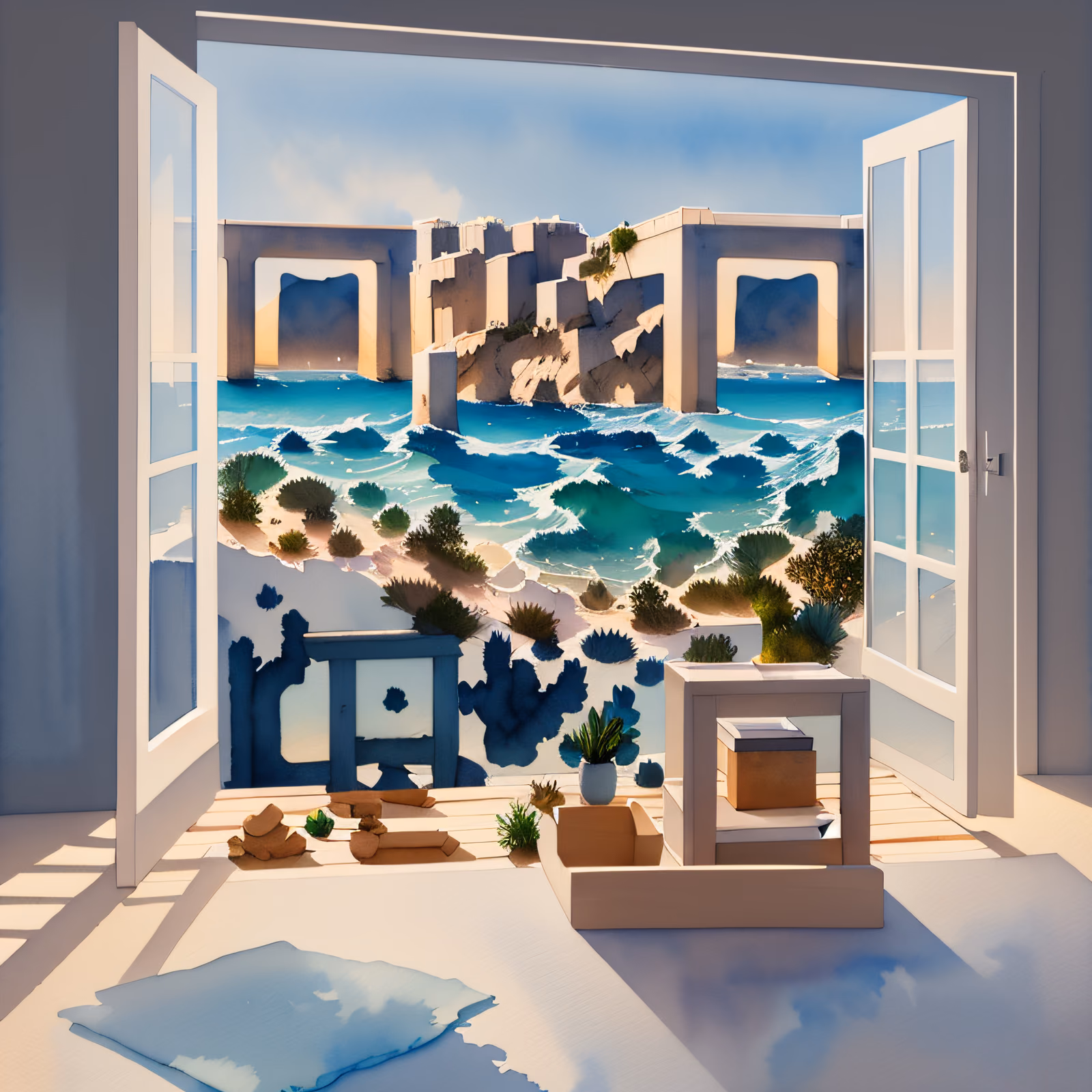 Seaside Window View Watercolor QR Code Art — image 1