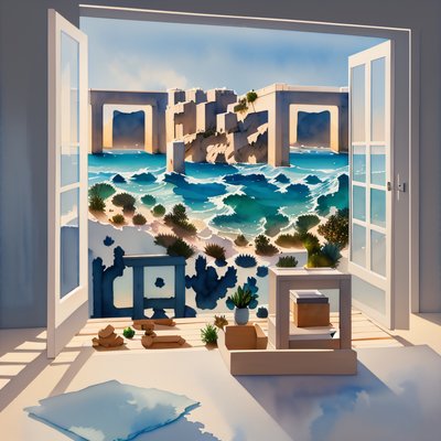 Seaside Window View Watercolor QR Code Art