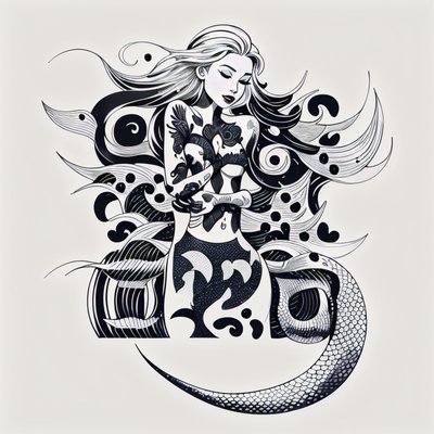 Mermaid Tattoo Line Art QR Code for Temporary Tattoos