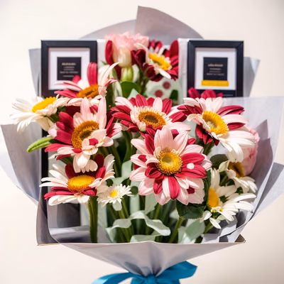Pink Gerbera Bouquet Photo QR Code for Packaging — image 1
