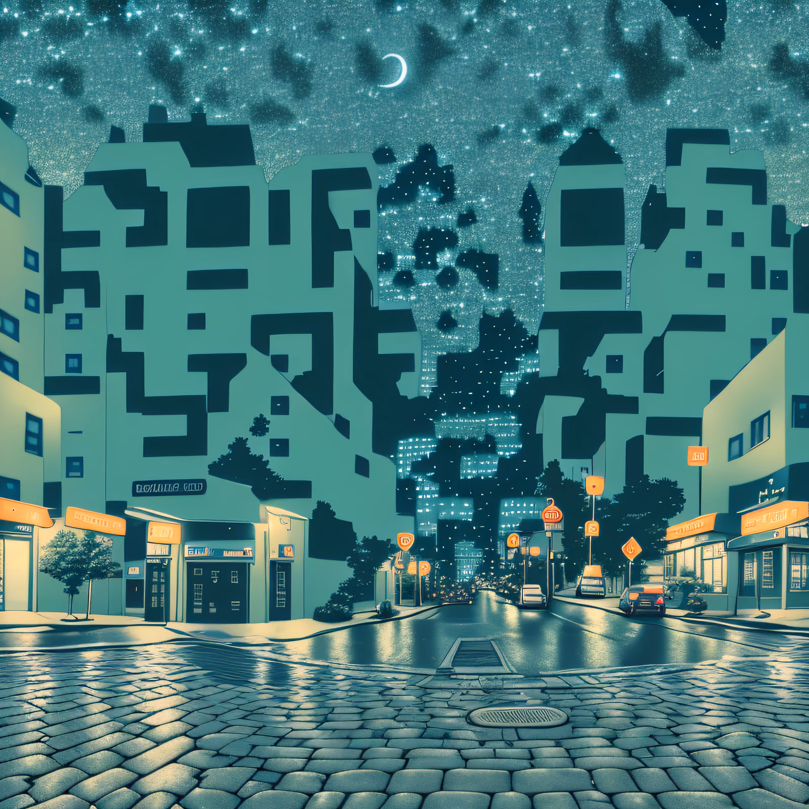 Night Street Cobblestone Cityscape QR Code Art — image 1