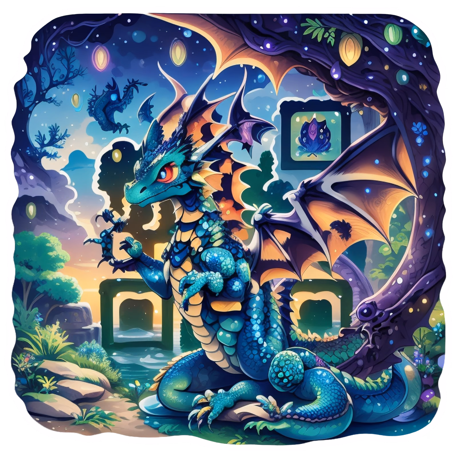 Teal Dragon Enchanted Forest QR Code for Stickers — image 1