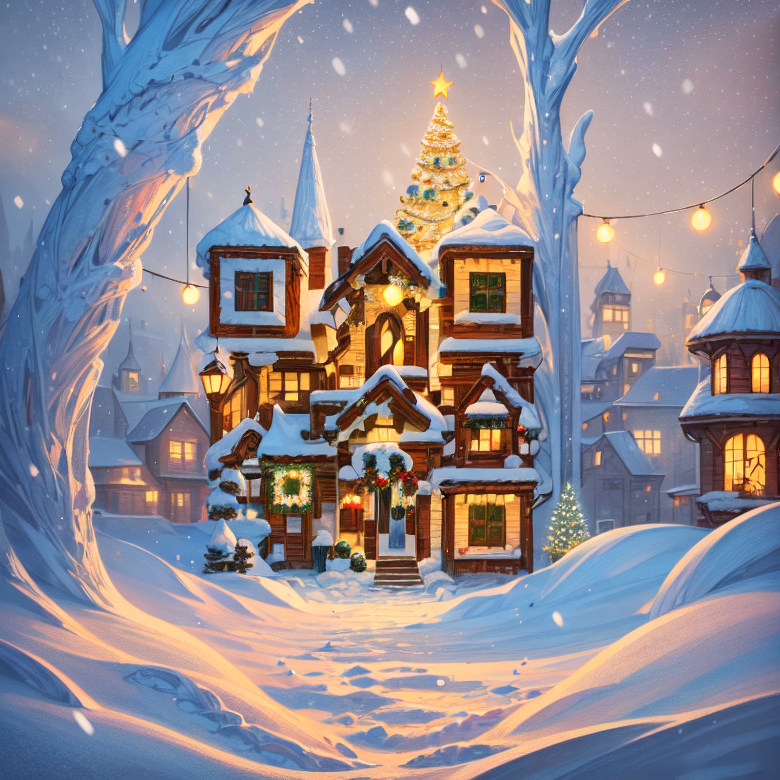 Snowy Christmas Village Fantasy House QR Code for Greeting Cards — image 1