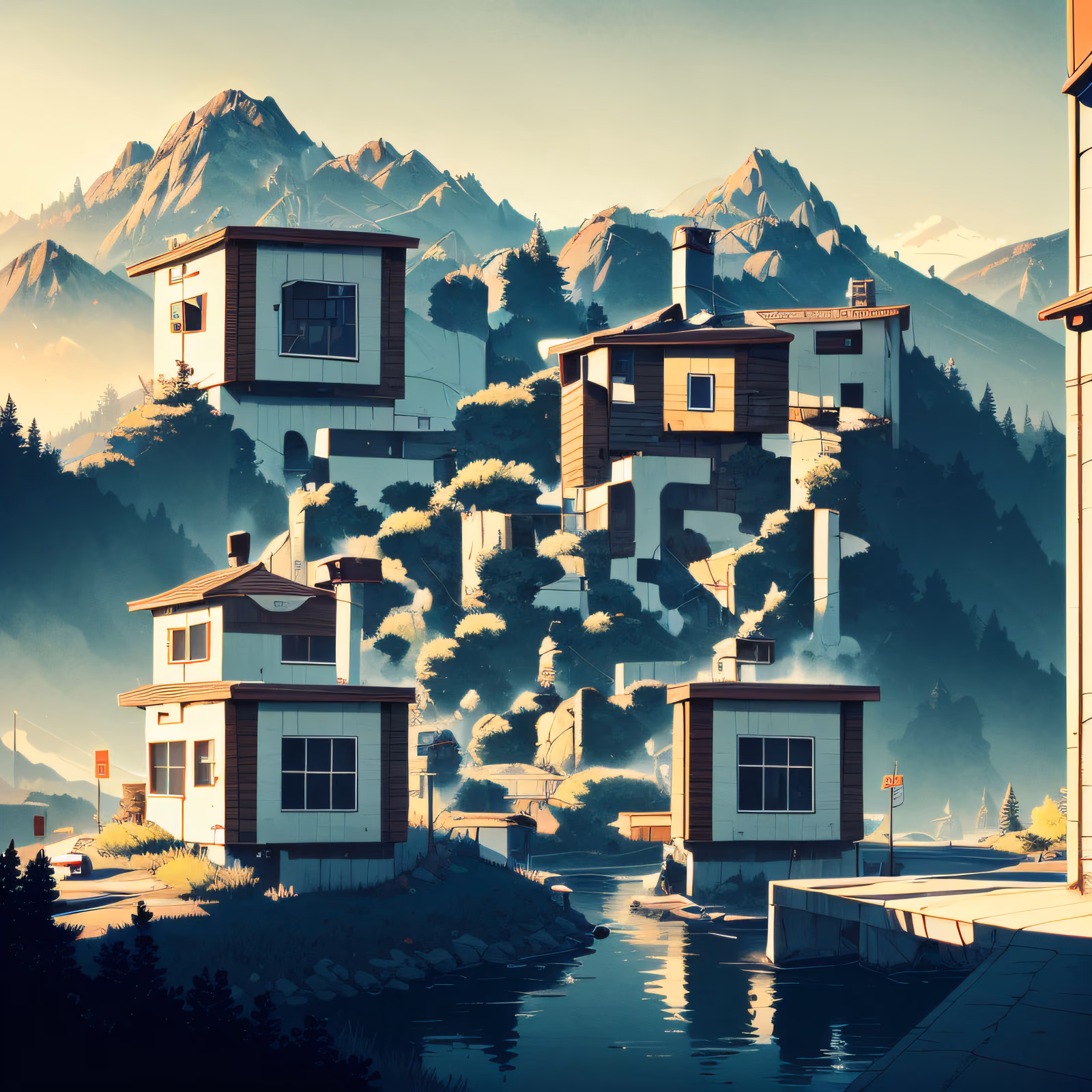 Hillside Houses Mountain River QR Code Art — image 1