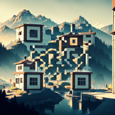 Hillside Houses Mountain River QR Code Art