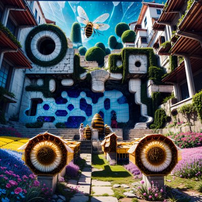 Surreal Beehive Courtyard Fantasy QR Code Art