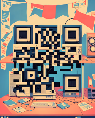 Retro Computer Desk Illustration QR Code for Posters — image 1
