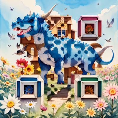 Blue Dinosaur Flower Field Watercolor QR Code for Posters — image 1