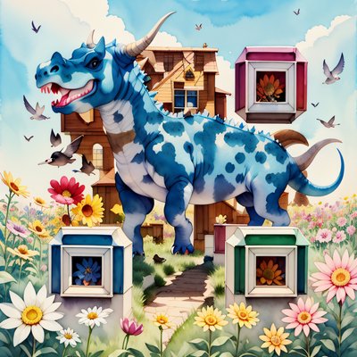 Blue Dinosaur Flower Field Watercolor QR Code for Posters