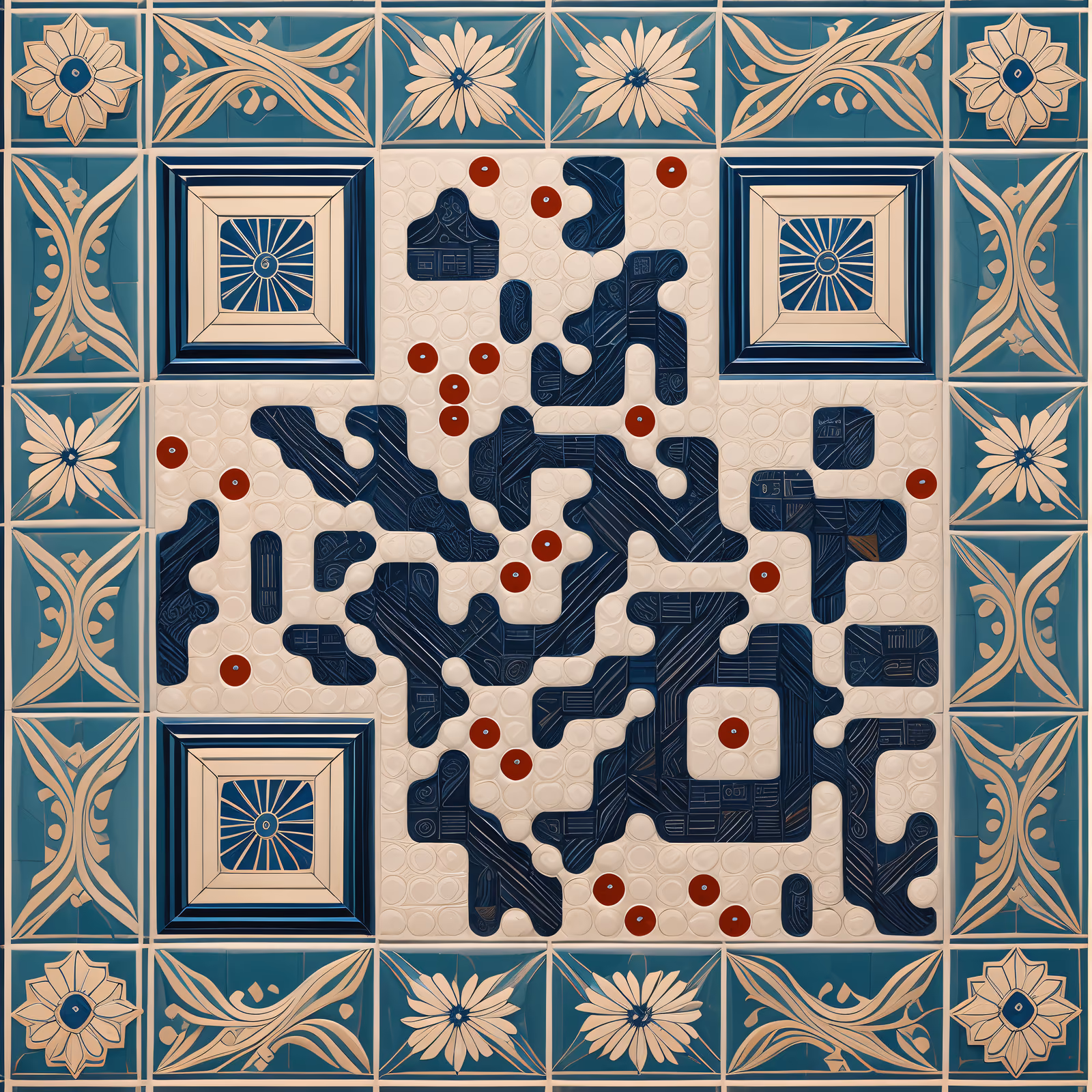 Teal Floral Tilework Folk Pattern QR Code Art — image 1