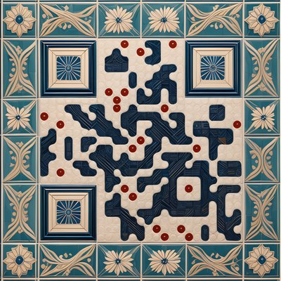 Teal Floral Tilework Folk Pattern QR Code Art