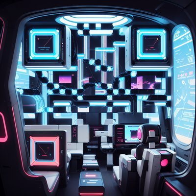 Ретрофутуристический салон капсулы в неоне: QR-код для постеров
