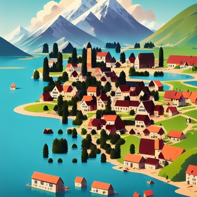 Lakeside Mountain Village Vector QR Code Art