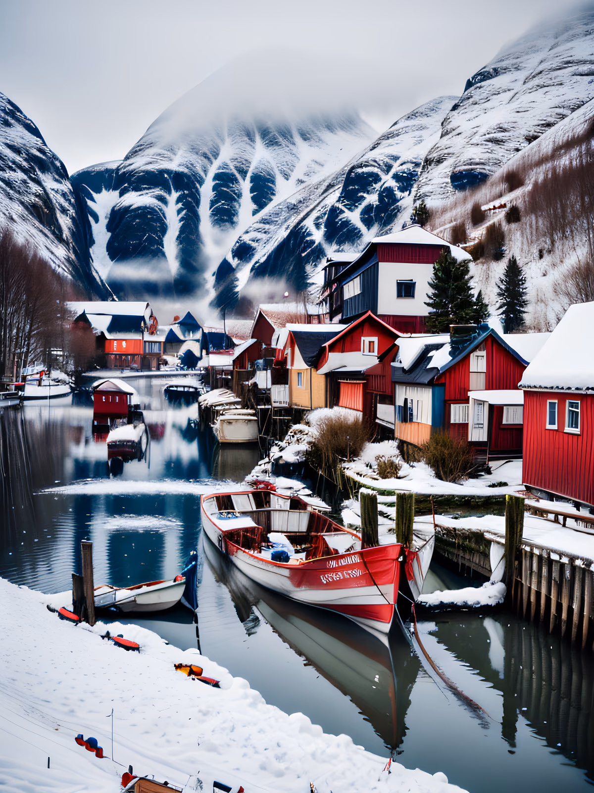 Snowy Norwegian Fjord Village Photo QR Code Art — image 1