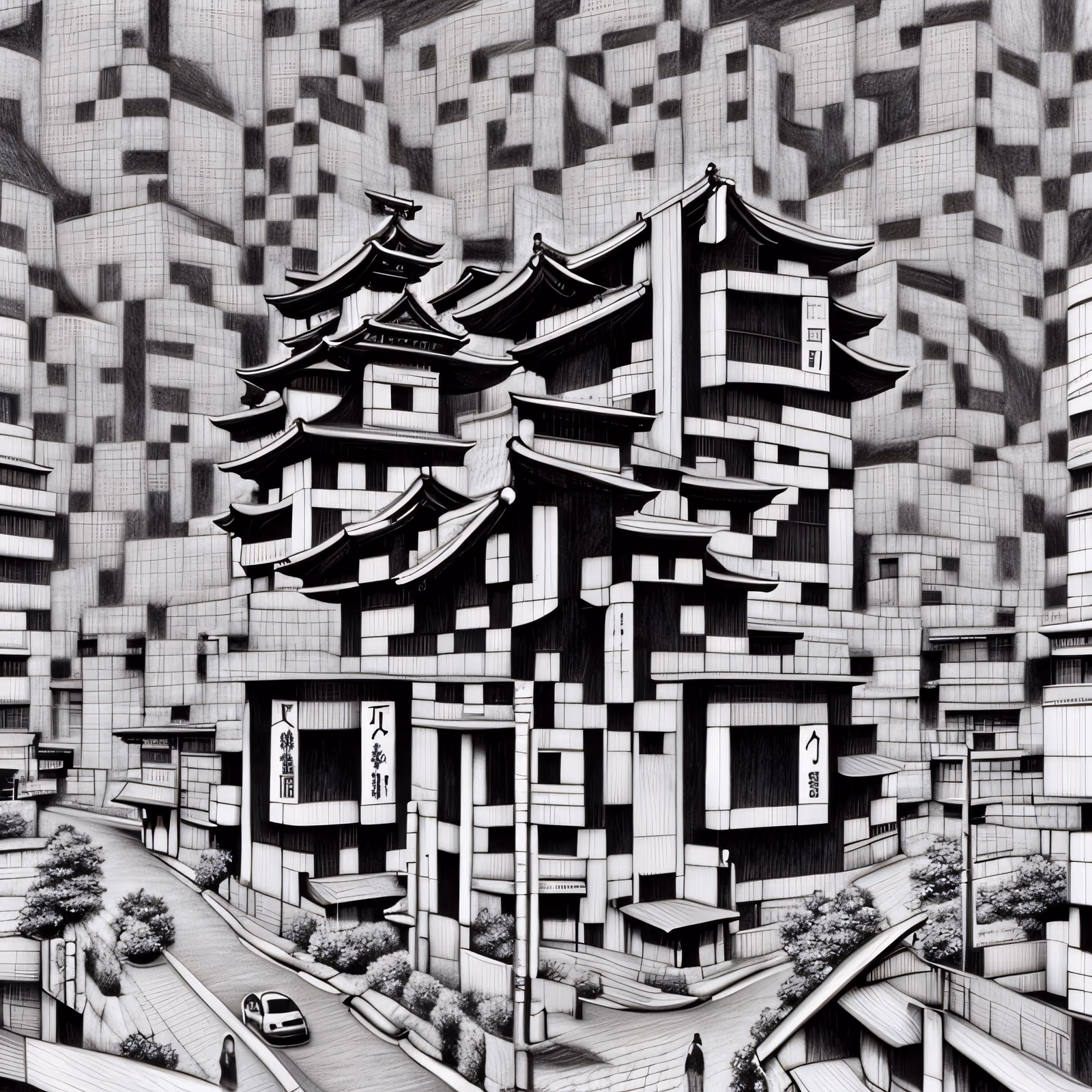 Japanese Street Pencil Drawing QR Code Art — image 1