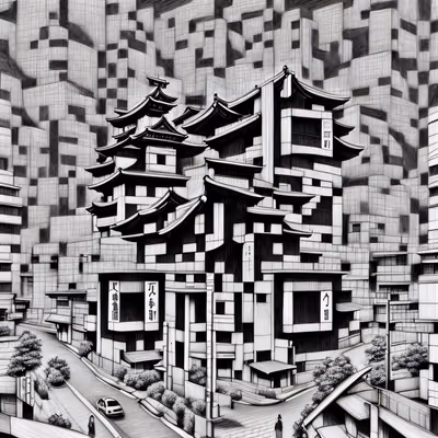 Japanese Street Pencil Drawing QR Code Art — image 1