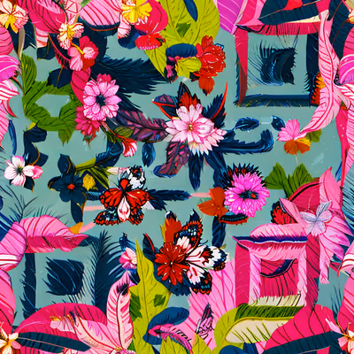 Tropical Flowers and Butterflies Pattern QR Code for Apparel — image 1
