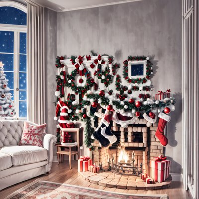 Christmas Fireplace Room Digital Painting QR Code for Greeting Cards
