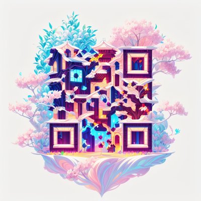 Плавающий дом в цветах сакуры: QR-код для игровых постеров