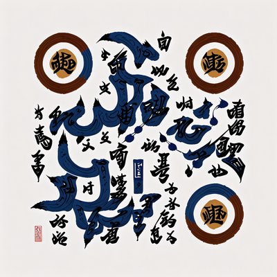 Blue Ink Brush Calligraphy Japan QR Code Art