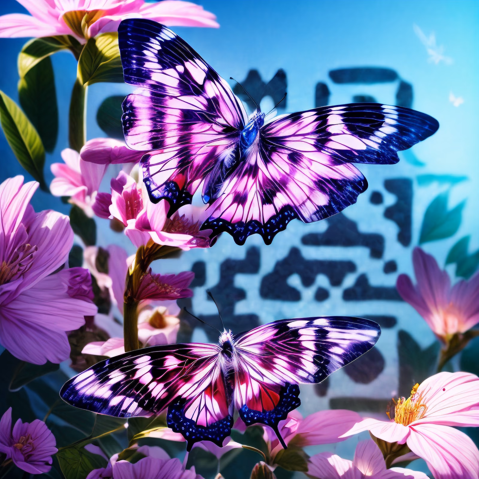 Pink Butterflies Among Flowers HDR QR Code Art — image 1