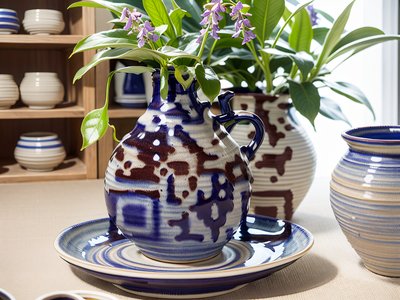 Глазурованный керамический кувшин с листьями: фото QR-код
