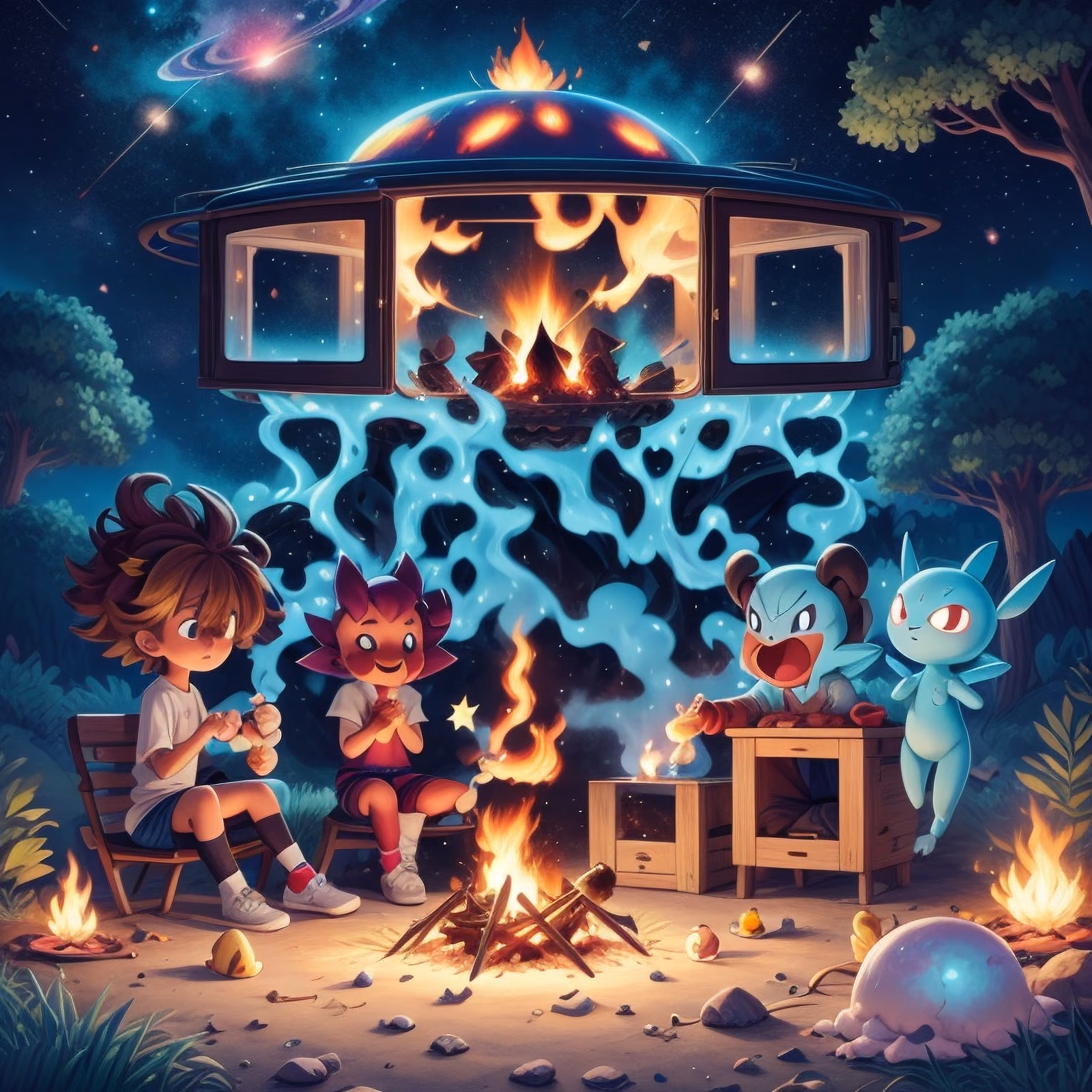 Kids Campfire Under UFO Anime QR Code for Posters — image 1