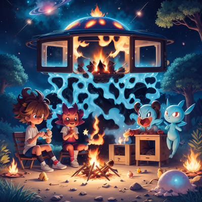Kids Campfire Under UFO Anime QR Code for Posters — image 1