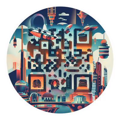 复古未来城市景观矢量二维码艺术,适用于贴纸 — 图片 1