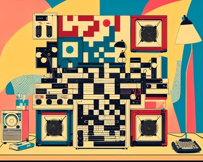 Ретро-электроника на столе, поп-арт QR-код для постеров