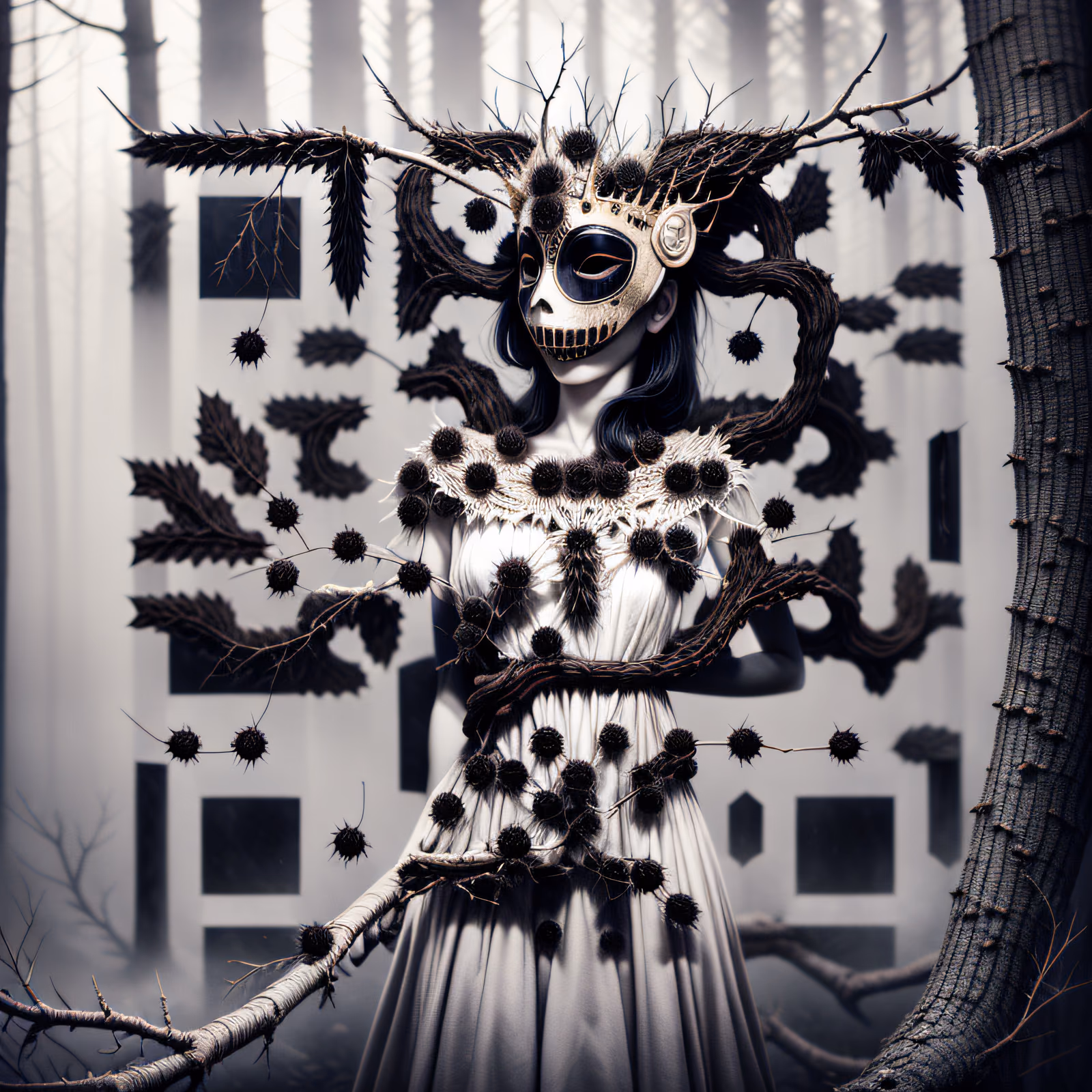 Gothic Masked Woman Foggy Forest QR Code for Posters — image 1