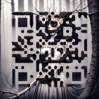 Gothic Masked Woman Foggy Forest QR Code for Posters — image 1