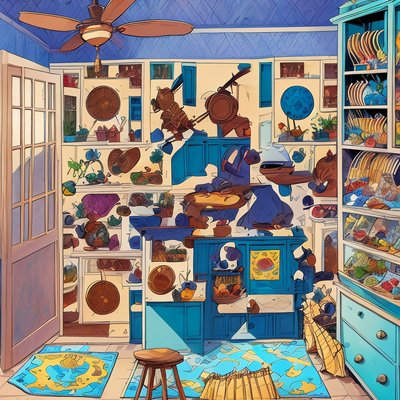 Blue Kitchen Comic Panel QR Code Art